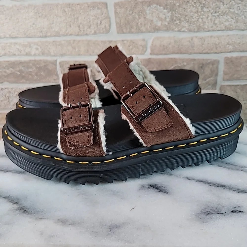 Dr. Martens Myles Fur Lined Buckle Slide Sandals Dark Brown Suede Men’s 9